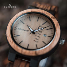 Load image into Gallery viewer, relogio masculino BOBO BIRD Wood Watch Men erkek kol saati Week Display Date Japan Quartz Men' Watches Accept Logo Drop Shipping