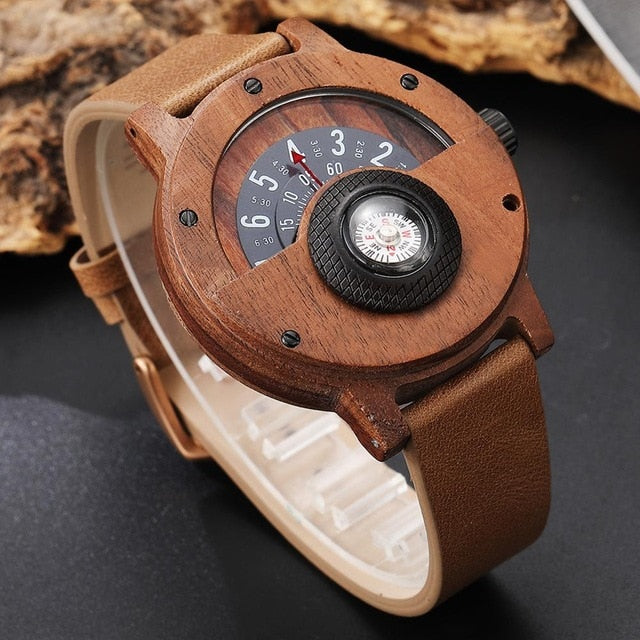 Creative WOOD Watch Men Turntable Compass Dial Real Walnut Ebony Bamboo Wooden Watches Male Brown Black WOODEN Clock Wrist Reloj