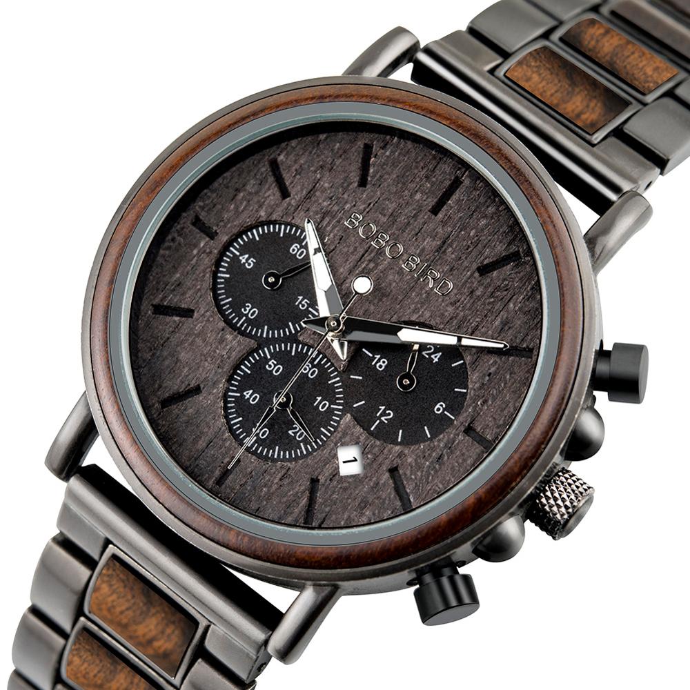 BOBO BIRD Luxury Wood Stainless Steel Men Watch Stylish Wooden Timepieces Chronograph Quartz Watches relogio masculino Gift Man