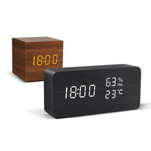 Load image into Gallery viewer, Alarm Clock LED Wooden Watch Table Voice Control Digital Wood Despertador USB/AAA Powered Electronic Desktop Clocks
